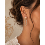 Boucles d’oreilles Clémentine dorées pailletées portées avec tenue écrue style féminin élégant
