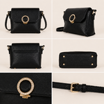 Vues détaillées du sac bandoulière noir Kacie en similicuir grainé avec fermoir bijou doré et finitions élégantes sur fond beige uni