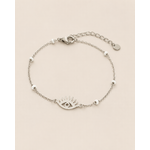 Bracelet Lorine argenté en acier inoxydable avec œil protecteur ajouré et perles blanches sur fond beige clair, bijou fin et élégant pour femme.