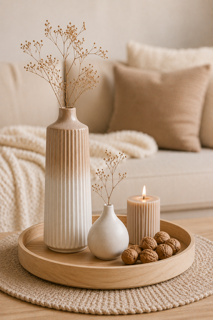 Vase en grès beige et blanc dans une décoration slow living chaleureuse et minimaliste