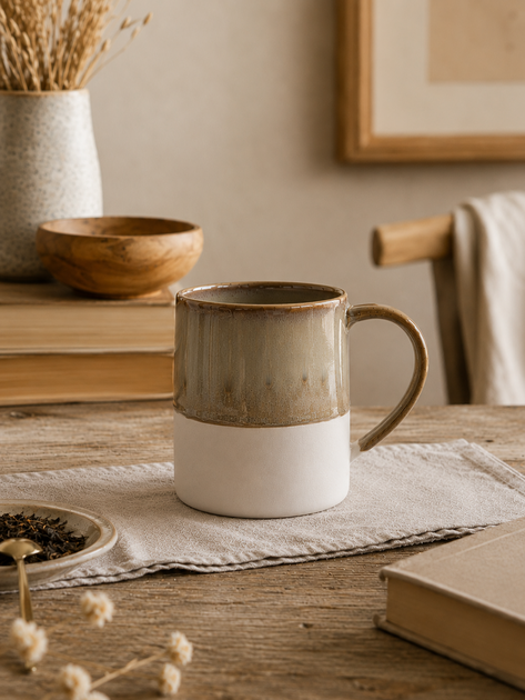 Mug en grès Arya beige et blanc en finition émaillée et mate, posé sur une table en bois dans une ambiance chaleureuse et naturelle pour le café ou le thé.