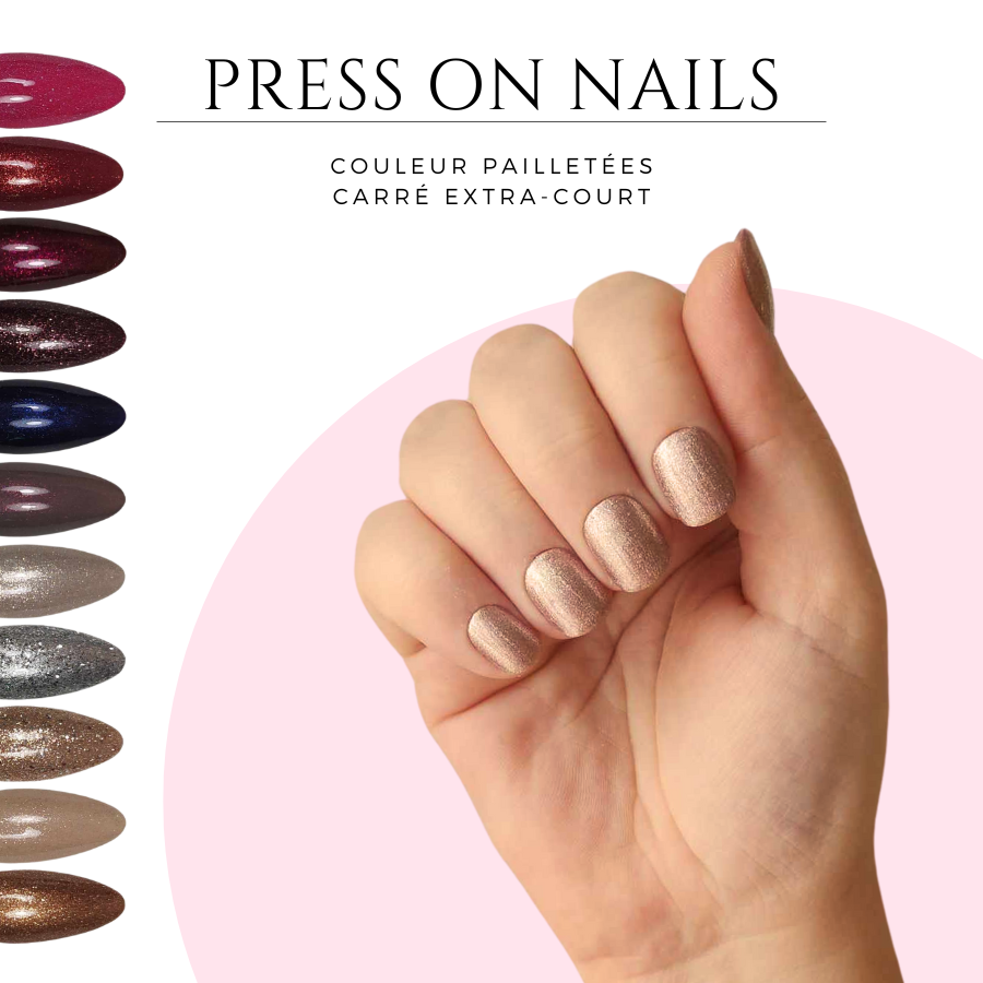 Faux-ongles-carre-arrondie-pailletee-Press-on-nails-carre-court-paillete-Quels-sont-les-risques-des-faux-ongles