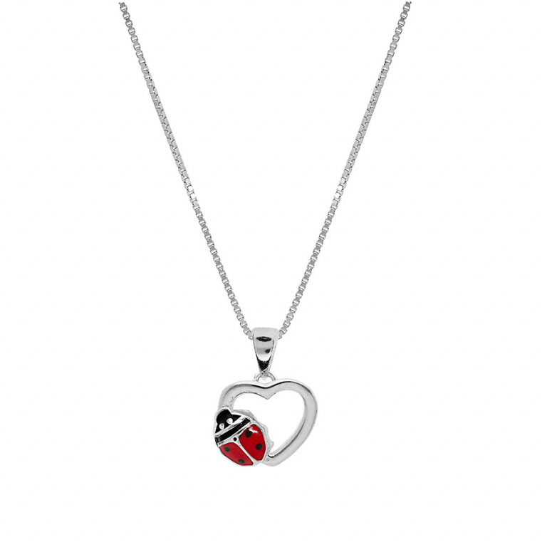 Collier ENFANT argent rhodié & Pendentif coeur accompagné d\'une coccinelle - 38cm