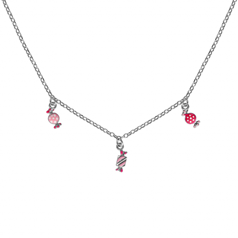 Collier ENFANT argent rhodié avec 3 motifs pendant en forme de bonbon -40cm