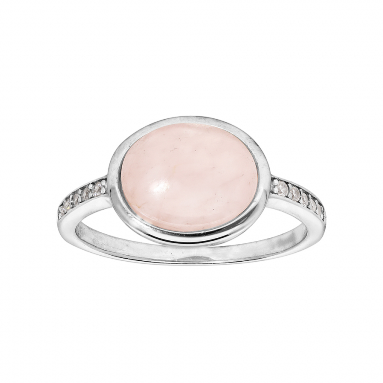 Bague argent rhodié, Quartz rose & Oxydes de Zirconium