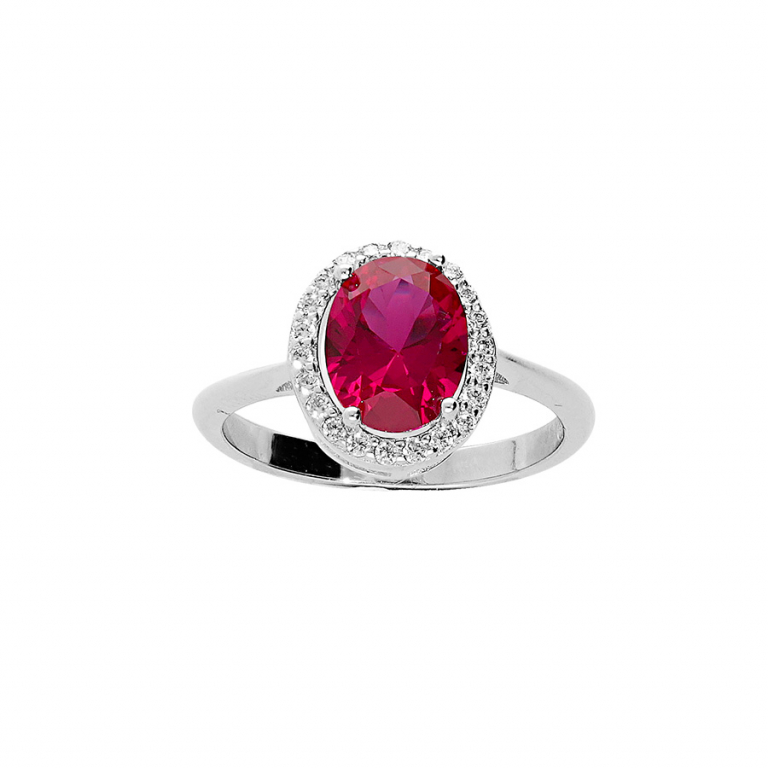 Bague argent rhodié & Oxydes de Zirconium - Type Entourage rouge