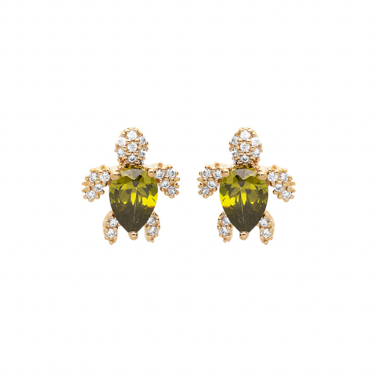 Boucles d\'oreilles plaqué or tortue & oxyde vert et blancs
