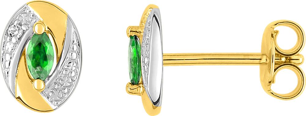 Boucles d\'oreilles bouton plaqué or & oxyde de zirconium blanc et vert