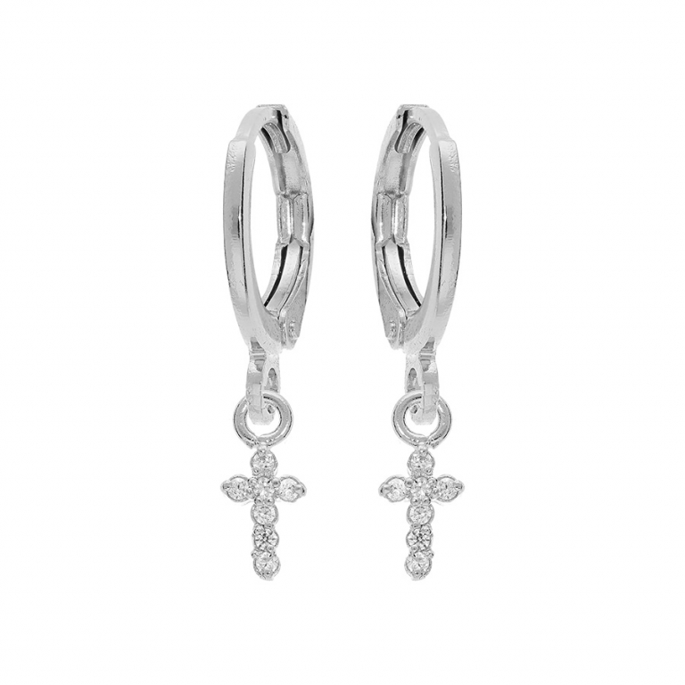 Créoles à charnière argent rhodié & Oxydes de Zirconium - Croix