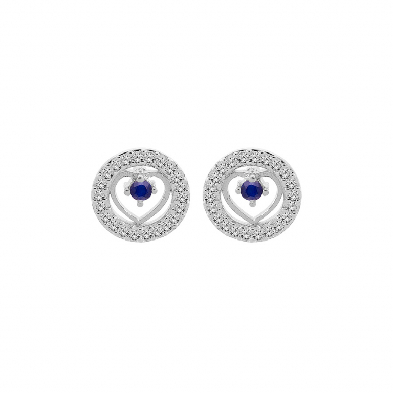 Boucles d\'oreilles bouton argent rhodié, Saphir & Oxydes de zirconium