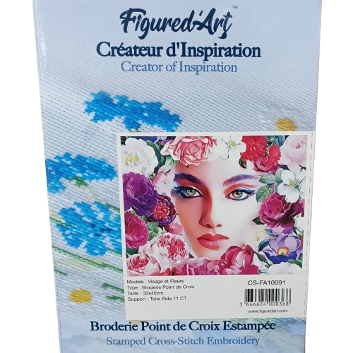 broderie point de croix visage fleuris