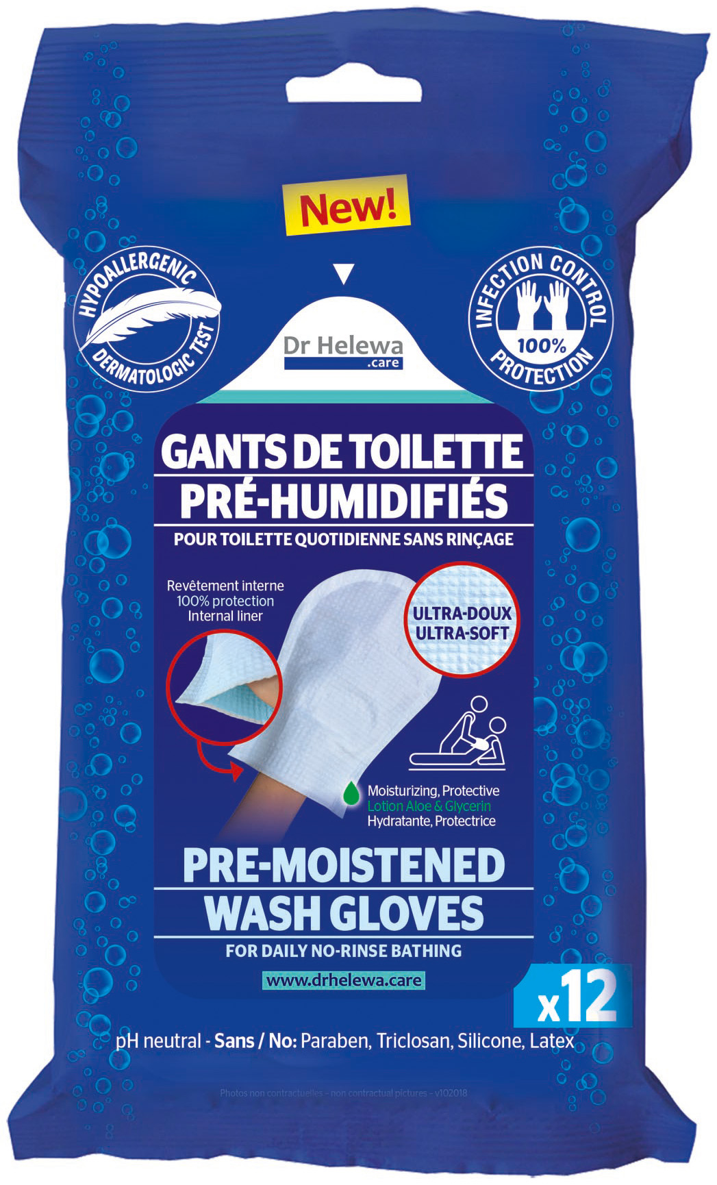 Gants de toilette pré-humidifiés pour toilette quotidienne sans rinçage Dr HELEWA - sachet de 12