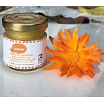 pot de baume de calendula, étiquette orange avec fleur de calendula, apaisant peau bio