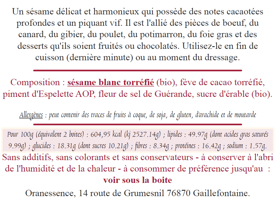 étiquette-valeur-nutritionnelle-sesame-piment-espelette-feve-de-cacao-oranessence