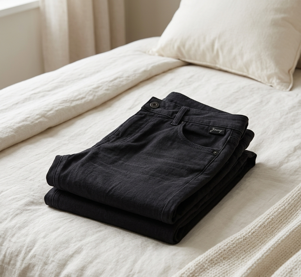 Pantalon noir série n°2 plié sur le lit