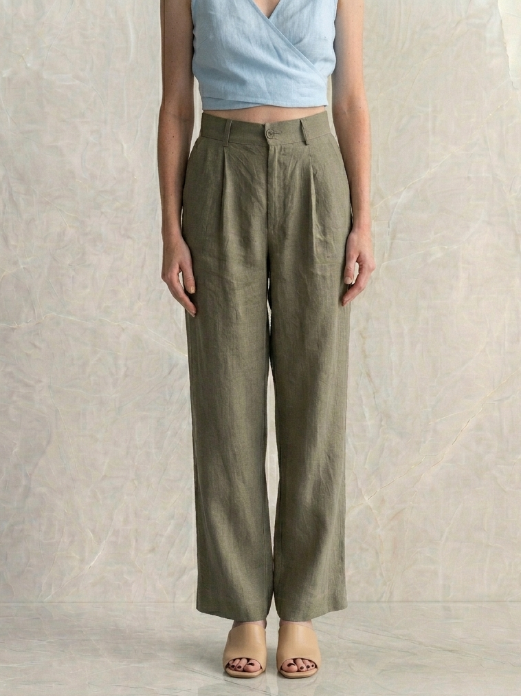 Pantalon 100% lin couleur taupe