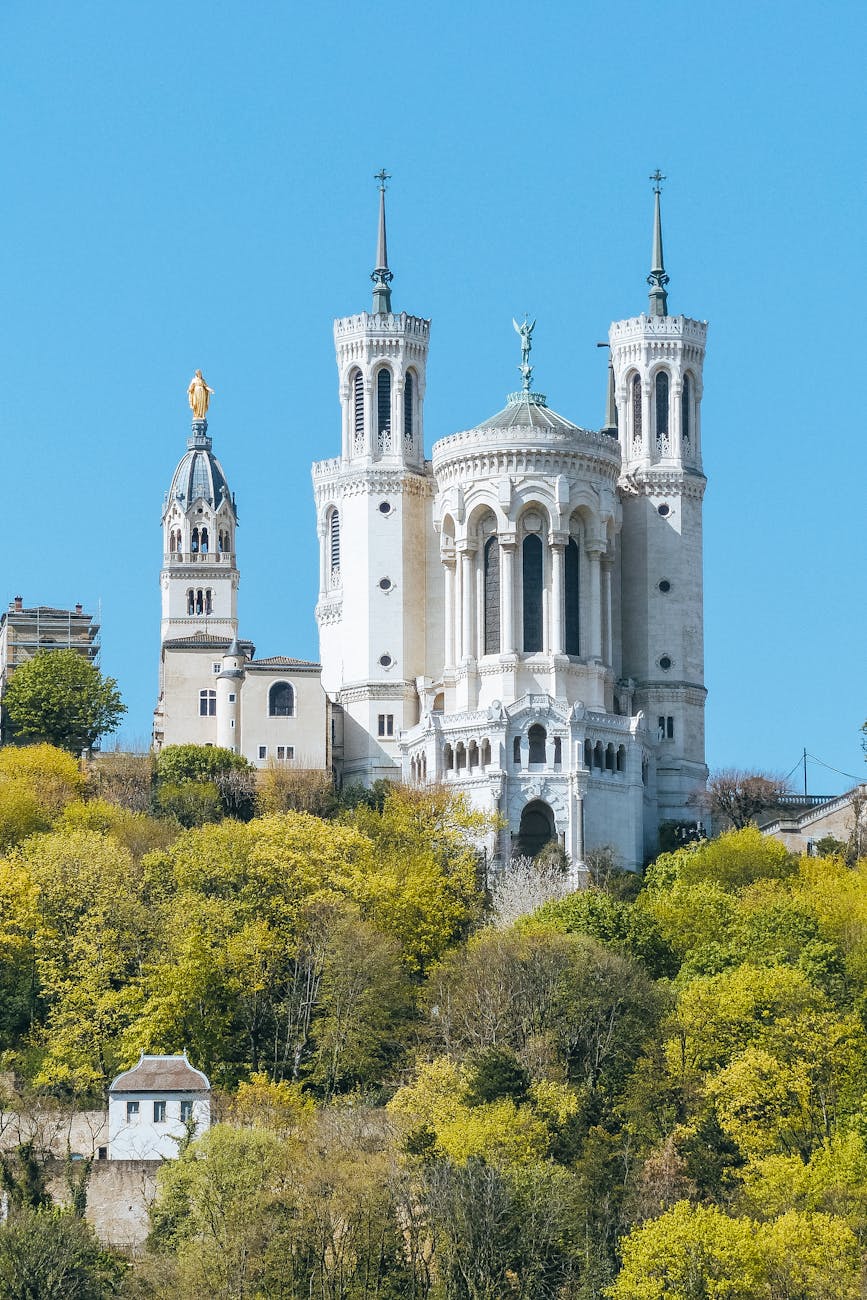 ancienne facade de basilique en pierre pres des arbres verts de la ville