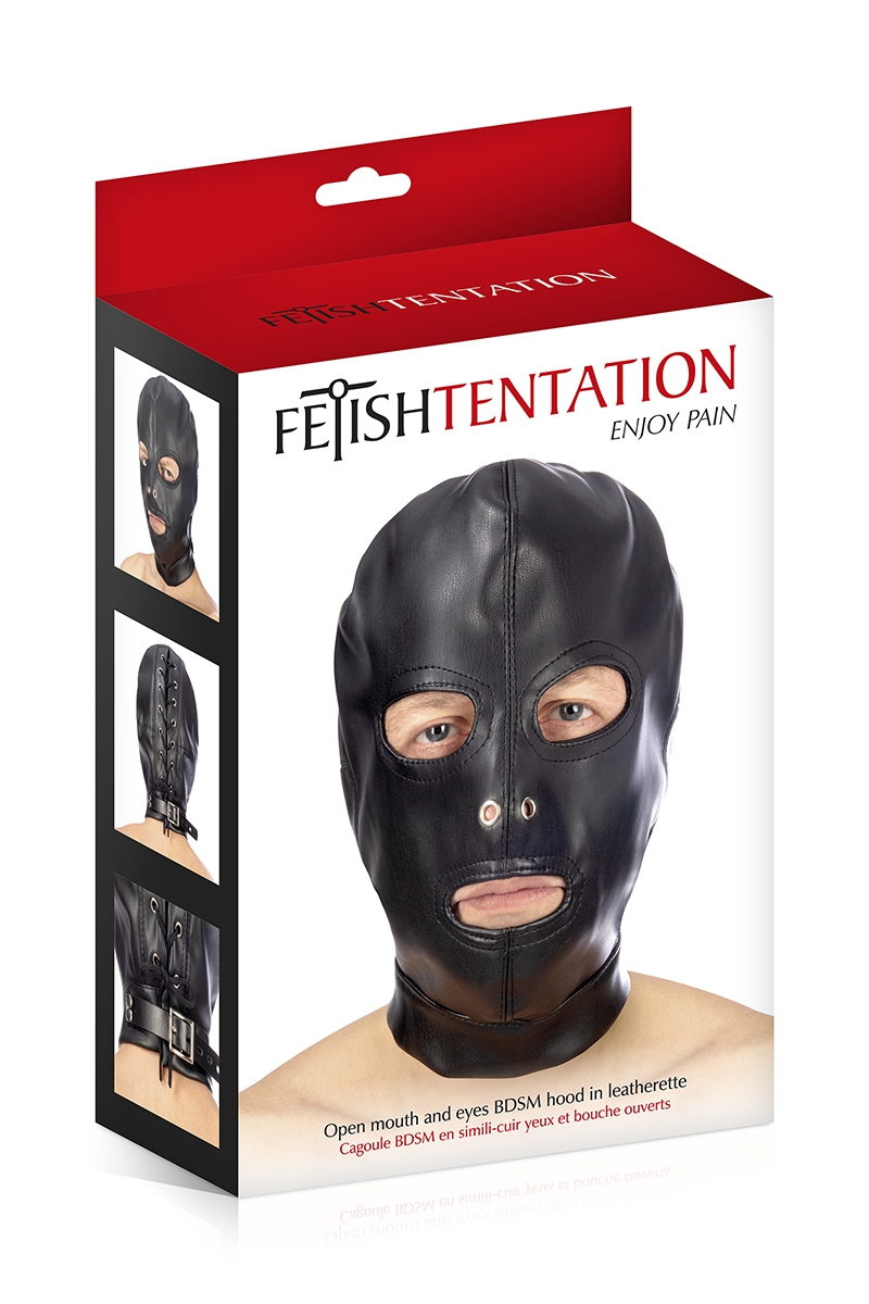 cagoule BDSM 3 ouvertures en simili cuir FETISH TENTATION (4)