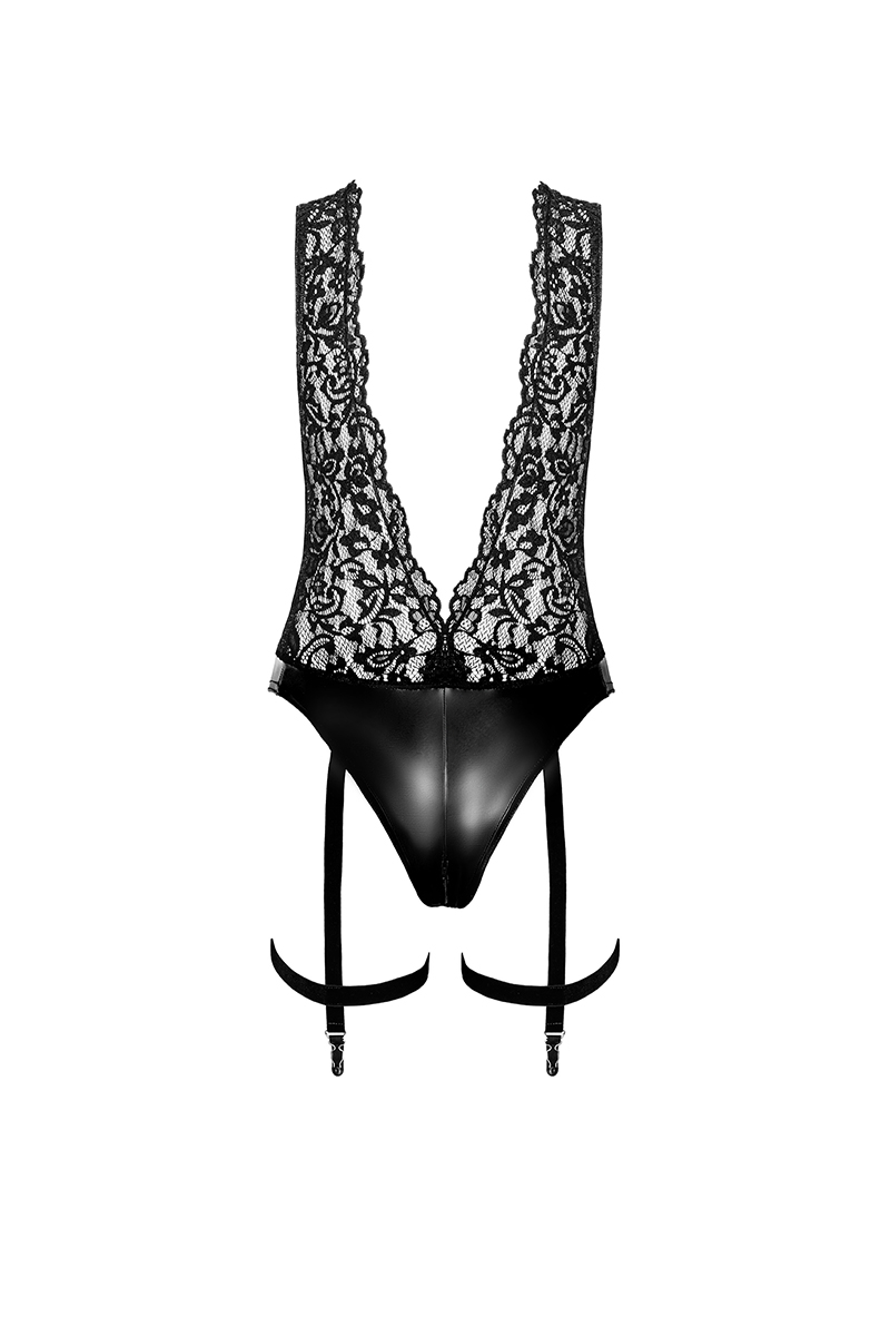 body jarretelles Libido wetlook et dentelle F297 Noir HandMade (4)