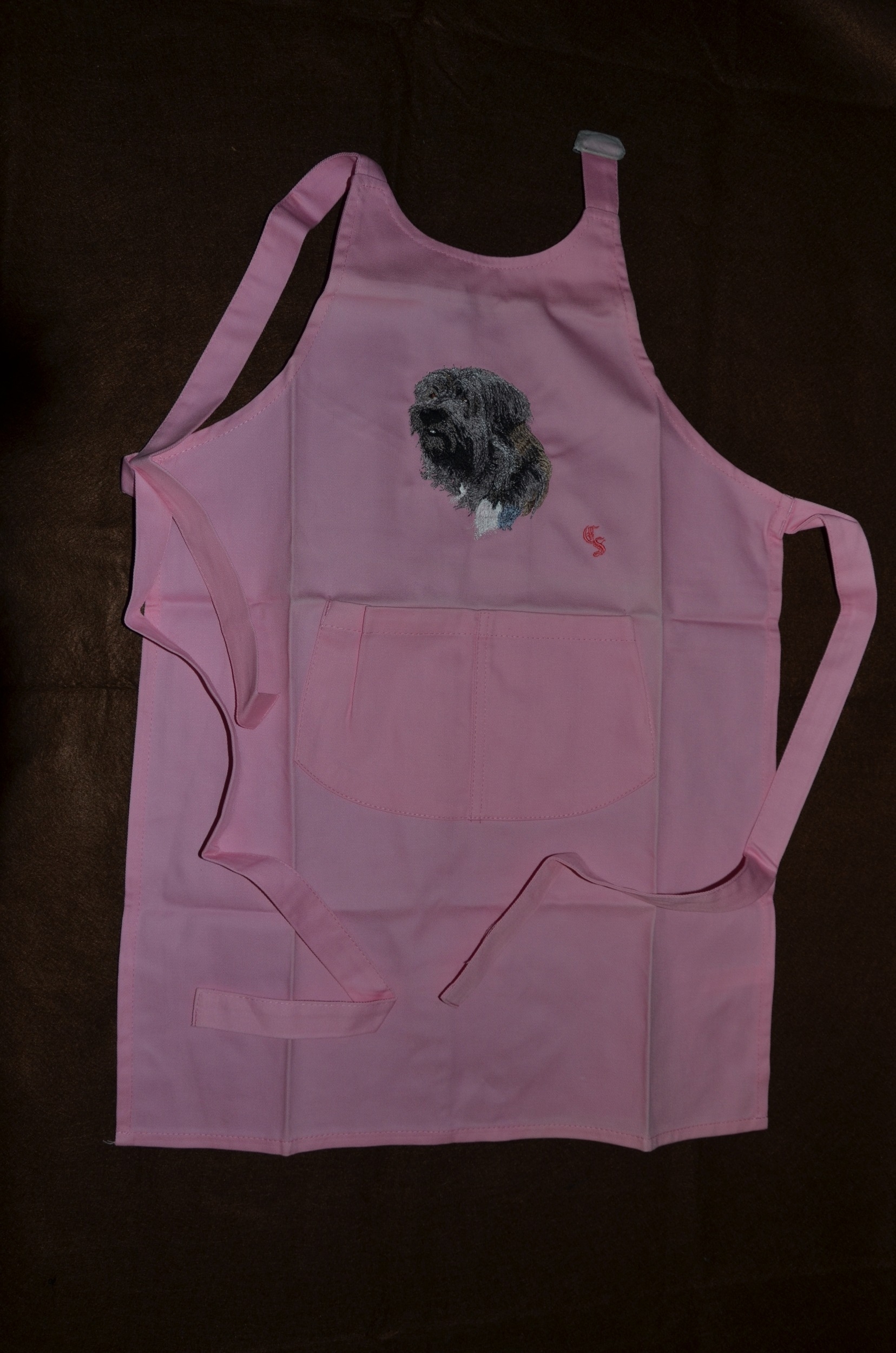 tablier de sommelier enfant - Broderie berger des Pyrénées poil long 1 - couleur : rose