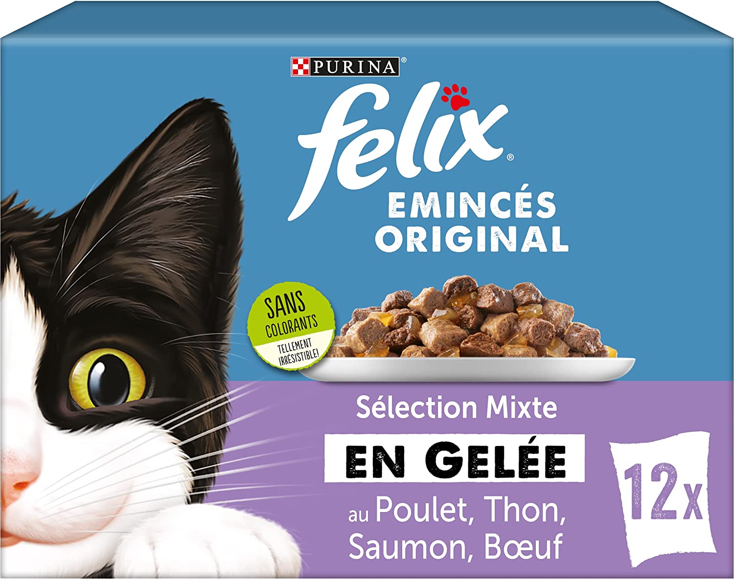 fELIX Emincés en Gelée  Sélection Mixte   Bœuf, Saumon, Poulet, Thon 12X85G