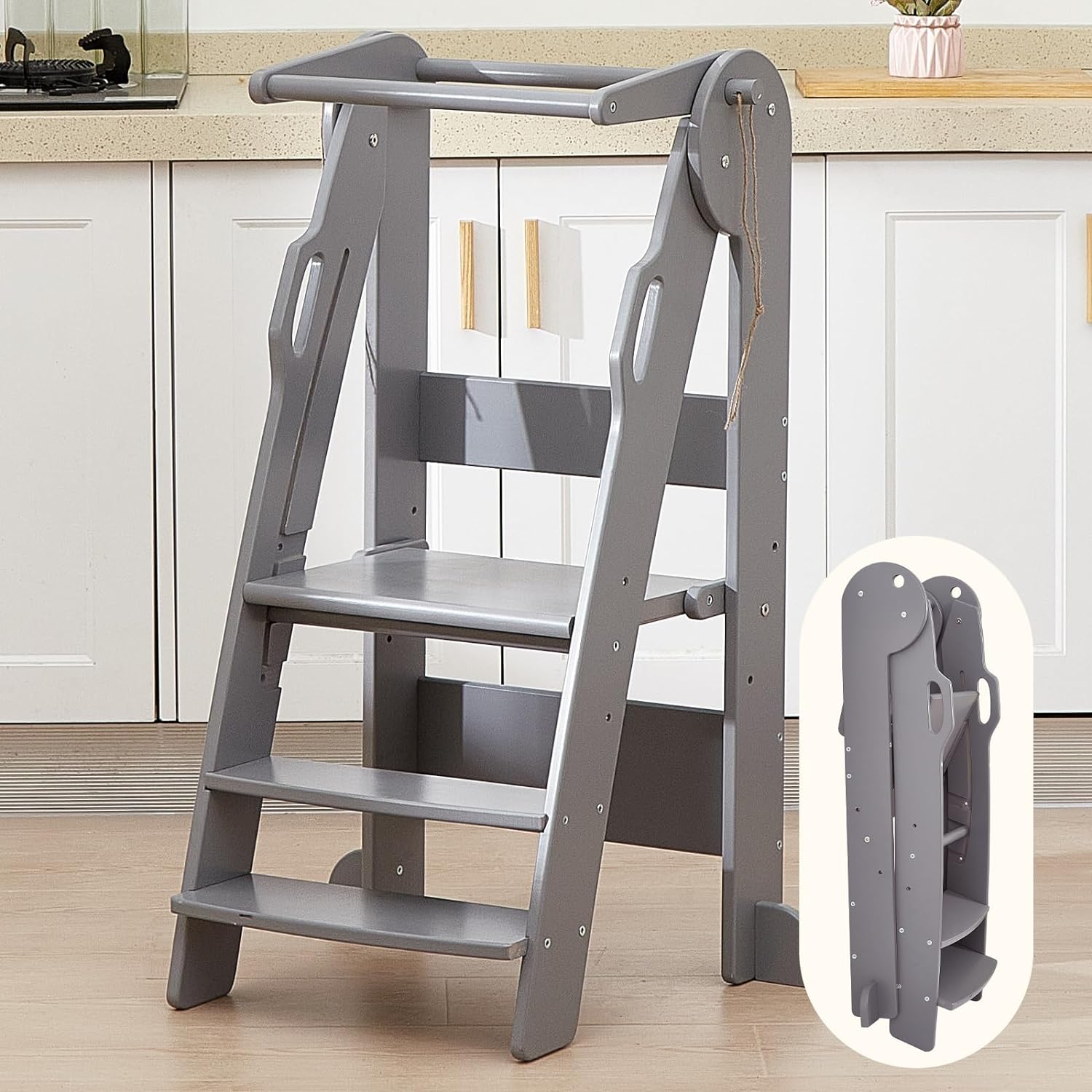 Tour Montessori pliable et réglable en hauteur grise