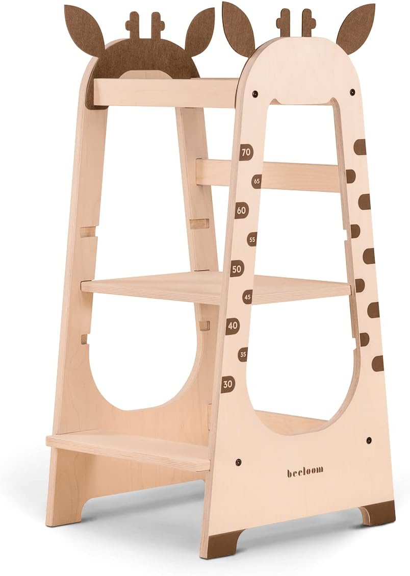 Tour d\'apprentissage Montessori Girafe en Bois Marron avec marches