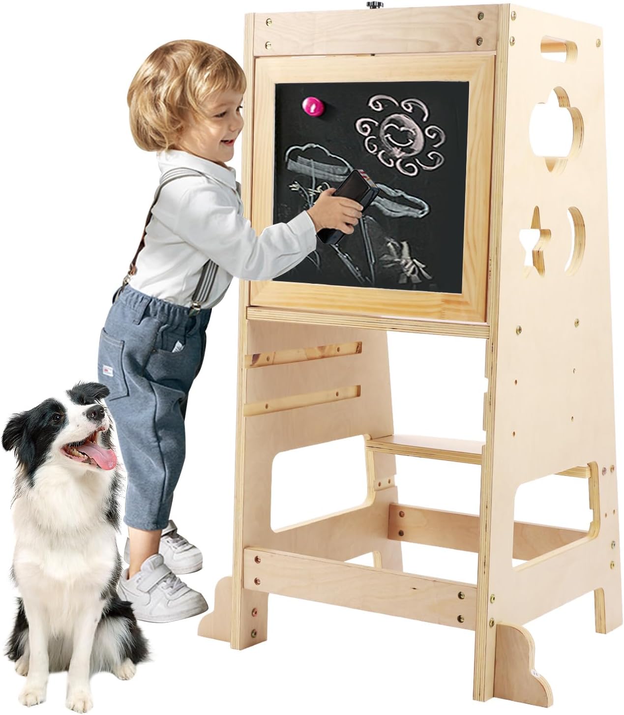 Tour d\'observation Montessori en bois avec tableau noir et blanc