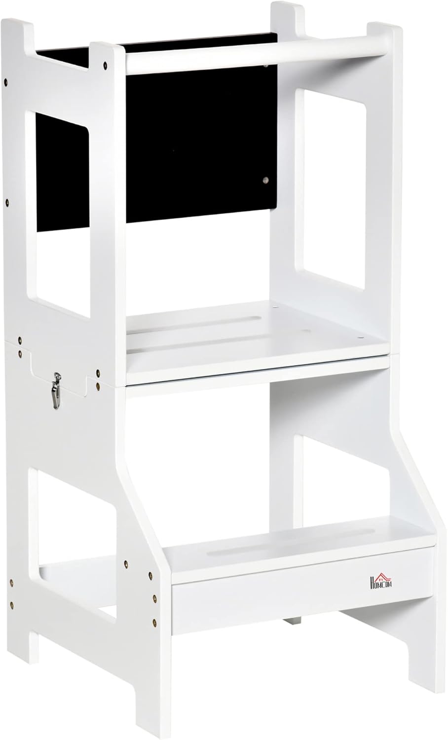 HOMCOM Tour d\'apprentissage Tableau à Craie Tabouret Bureau 3 en 1 - marches antidérapantes, barreau, Hauts rebords de sécurité - MDF Blanc Noir