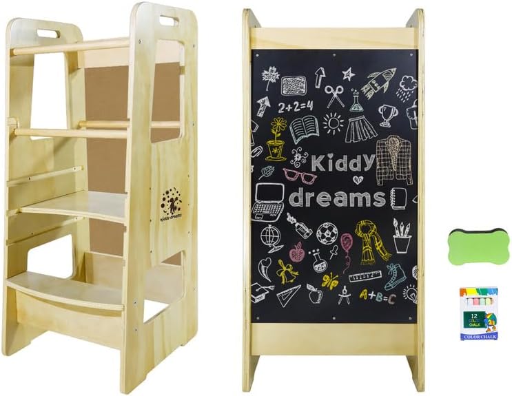 Tour d\'observation Montessori en bois naturel Kiddy Dreams avec tableau noir