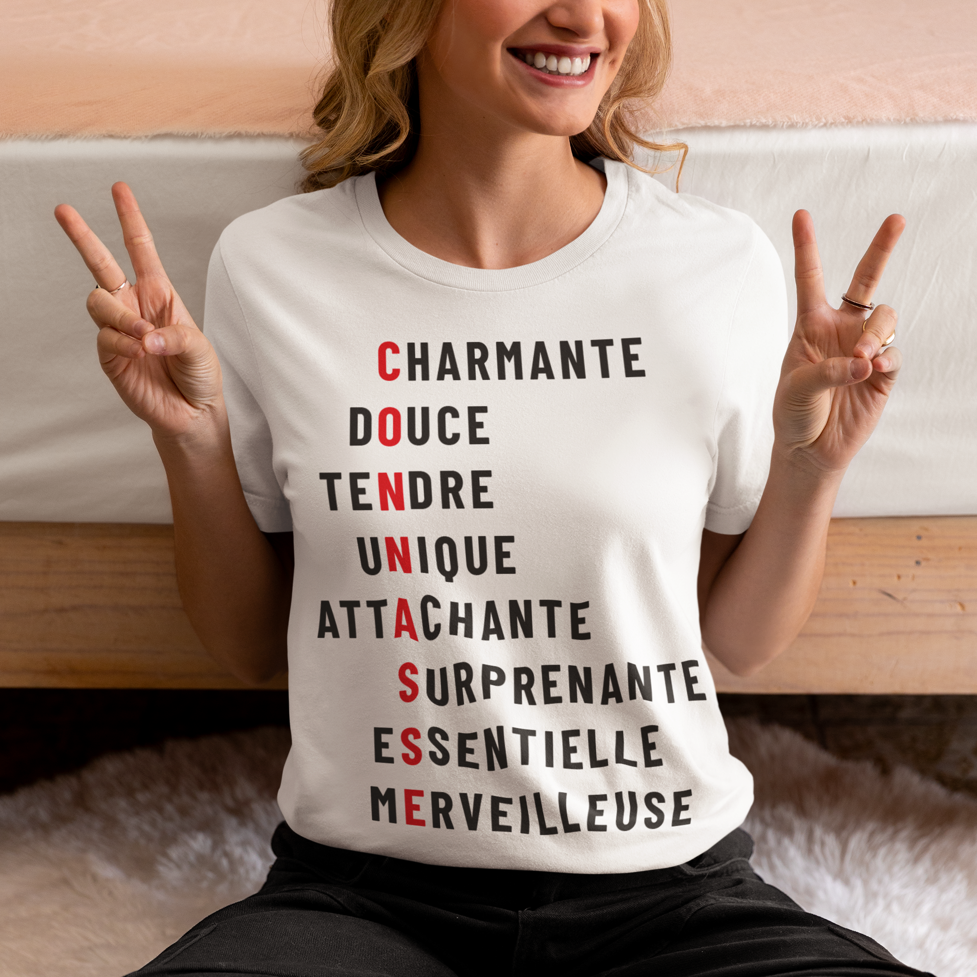 crewneck-tee-mockup-of-a-woman-making-peace-signs-with-her-hands-m37293