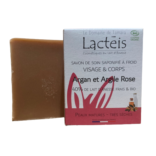 Savon BIO COSMOS à 40% de lait d’ânesse frais et BIO - Saponifié à froid - Argan et Argile rose