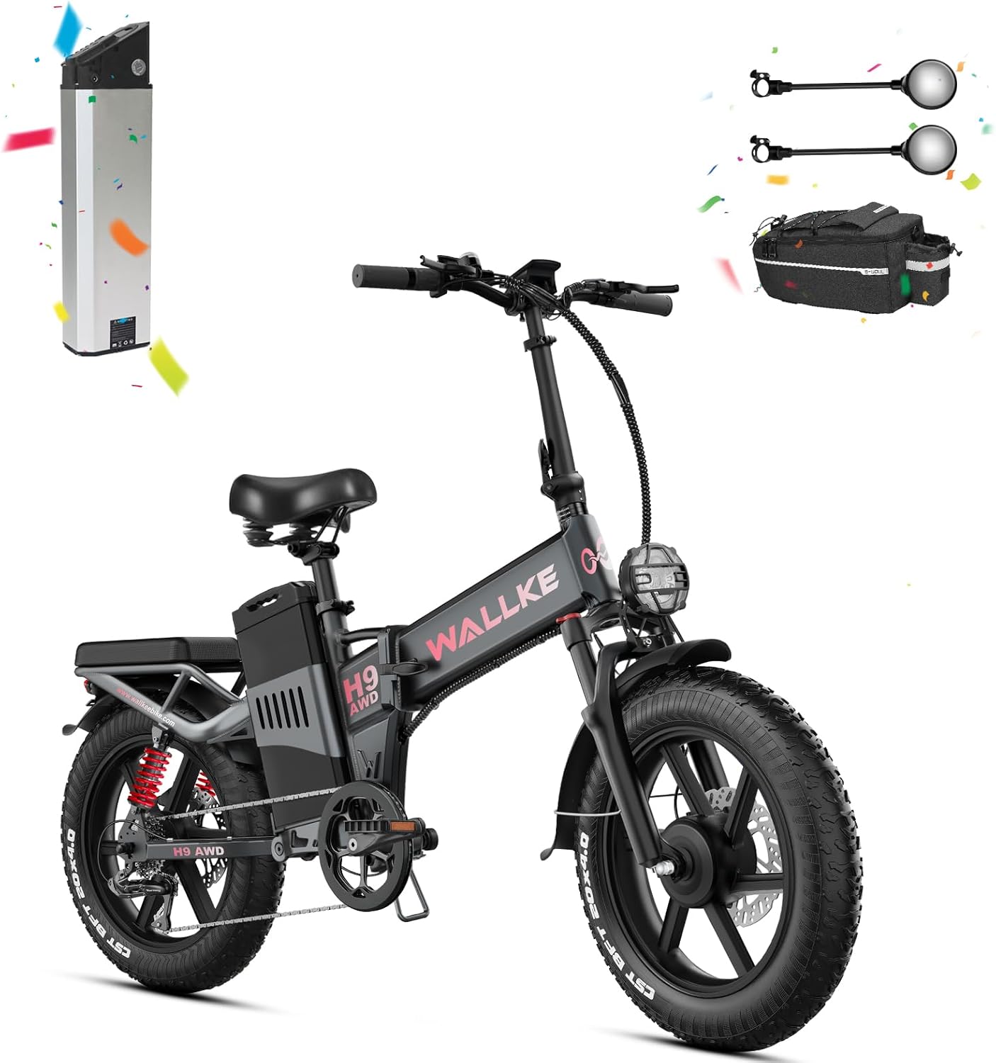 W Wallke Folding Electric Bike for Adults, 2000W Dual Motor, 48V 40Ah/60Ah/82Ah Long Range Ebike, 20 inch Fat Tire Electric Bicycles for Delivery/Full Suspension/34MPH/AWD E-Bike Black 82ah Peak 3200w