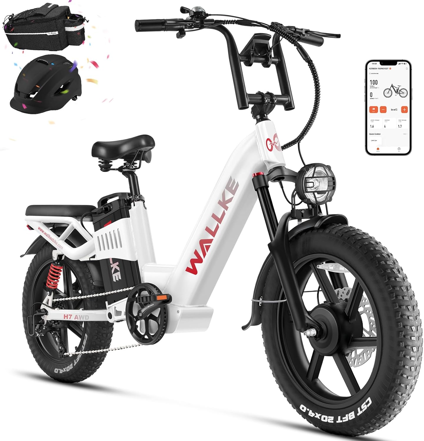 W Wallke Electric Bike for Adults, 48V 40Ah/60Ah 1600W/3200W Peak Dual Motor Fast Long Range Ebike, 20 Inch Fat Tire Full Suspension Electric Bicycle 31/34MPH, Step Thru E-Bike APP Control White 60ah & Dual Motor