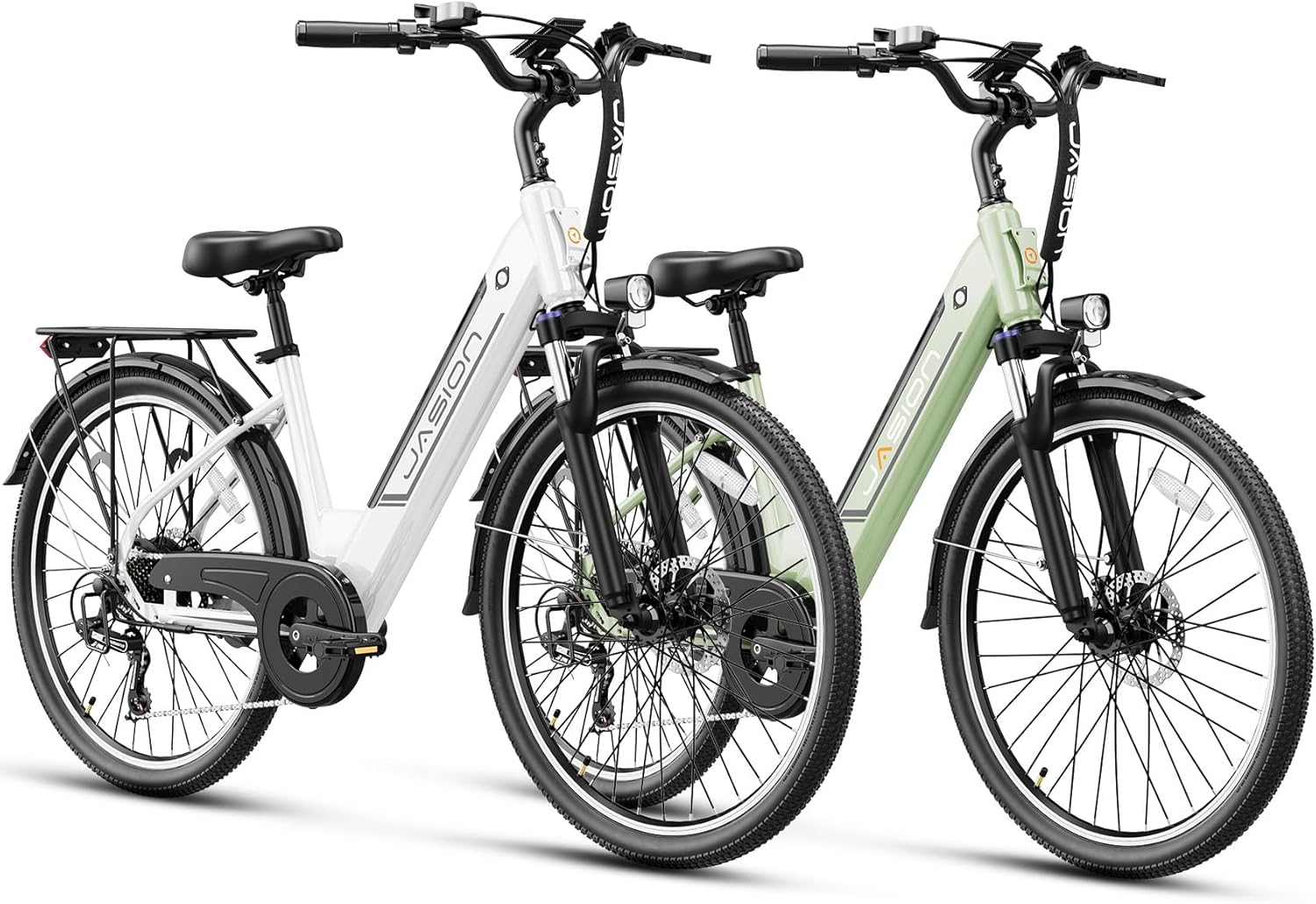 Jasion Roamer ST Electric Bike for Adults, 1200W Peak Motor Max 62miles & 28MPH City Cruiser Ebike,26\'\' Commuter Ebike, 528WH Removable Battery,7-Speed Electric Bicycles, Front Suspension Bicycles White+Green