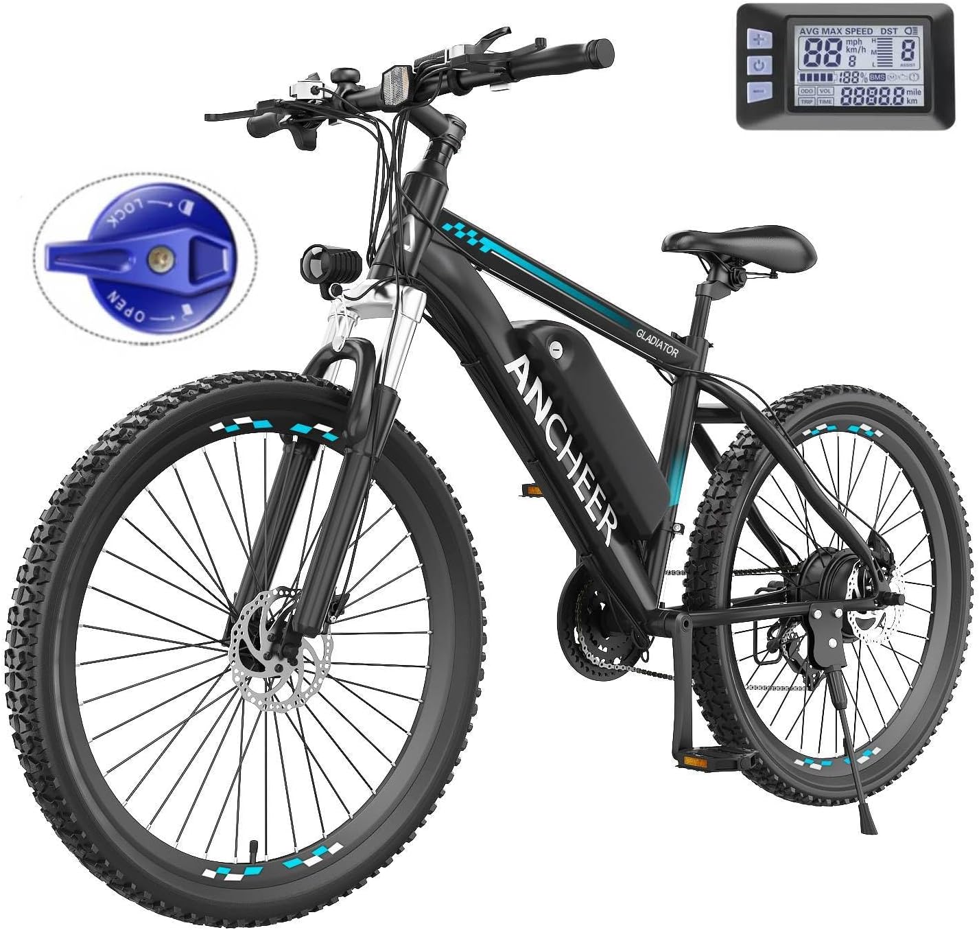ANCHEER Electric Bike for Adults with 500W Motor[Peak 750W], 48V 499Wh Ebike, Up to 45 Miles, 3H Fast Charge, 26\'\' Gladiator Electric Mountain Bike, LCD Display, 21Speed, 22MPH Adults Electric Bicycle blue Without Lock