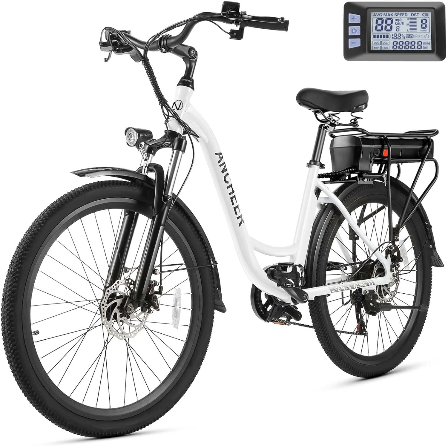 ANCHEER Electric Bike for Adults, 26 City Commuter Bike with 48V/10.4AH Battery, Up to 60 Miles, 3.5H Fast Charge, 7-Speed, 500W Peak Motor Step-Thru Cruiser Bike for Women Men, UL 2849 Certified white Without Basket