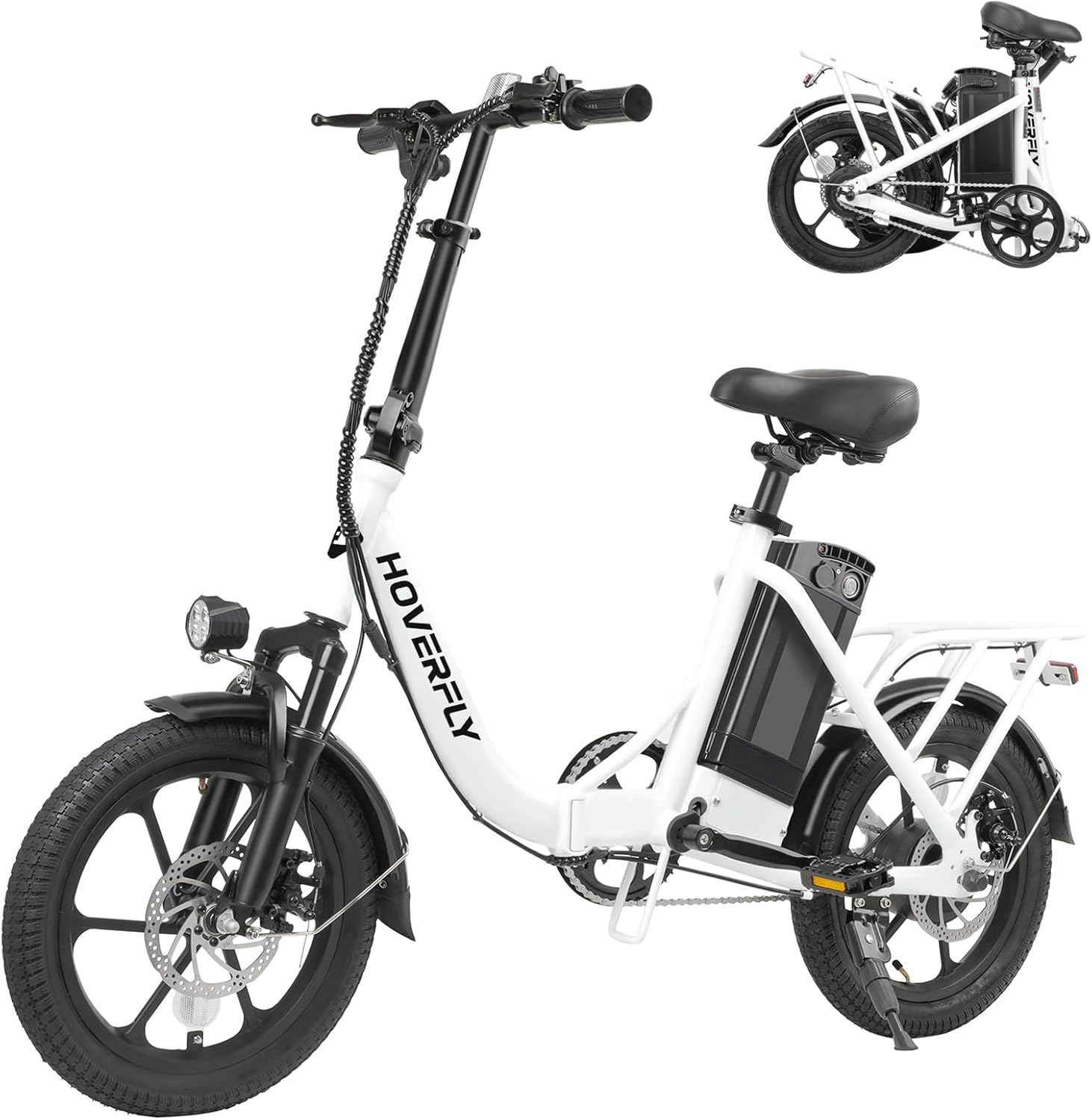 HOVERFLY H3 16 Electric Bike, Max 28Miles Range(Pedal-Assist) Folding E-Bike with Removable Battery, Front Suspension and Commuter Electric Bicycle Adults White