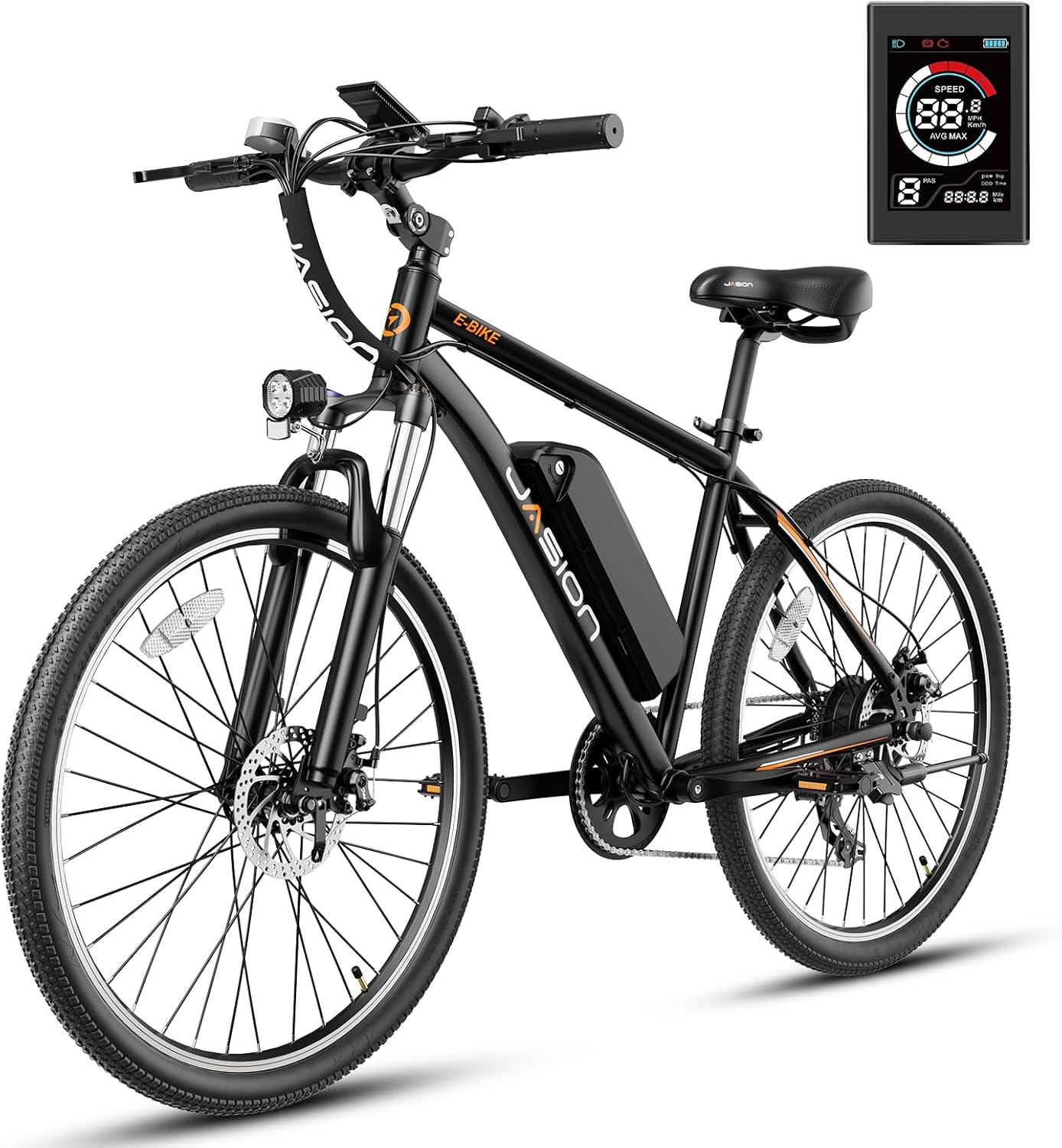 Jasion EB5 Electric Bike for Adults with Peak 500W Brushless Motor, 40Miles 20MPH Commuting Electric Mountain Bike with 360Wh Removable Battery, 7-Speed, 26 Tires and Front Fork Suspension Dark Standard