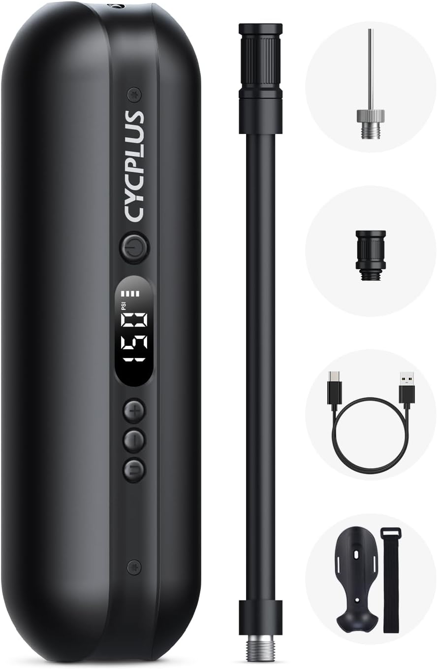 CYCPLUS Electric Air Compressor Portable Bicycle Pump Car Tire Inflator, Max 150 PSI, Auto Shut-Off Air Pump with Presta and Schrader Valves for All Bicycles Motorcycles and Cars Black