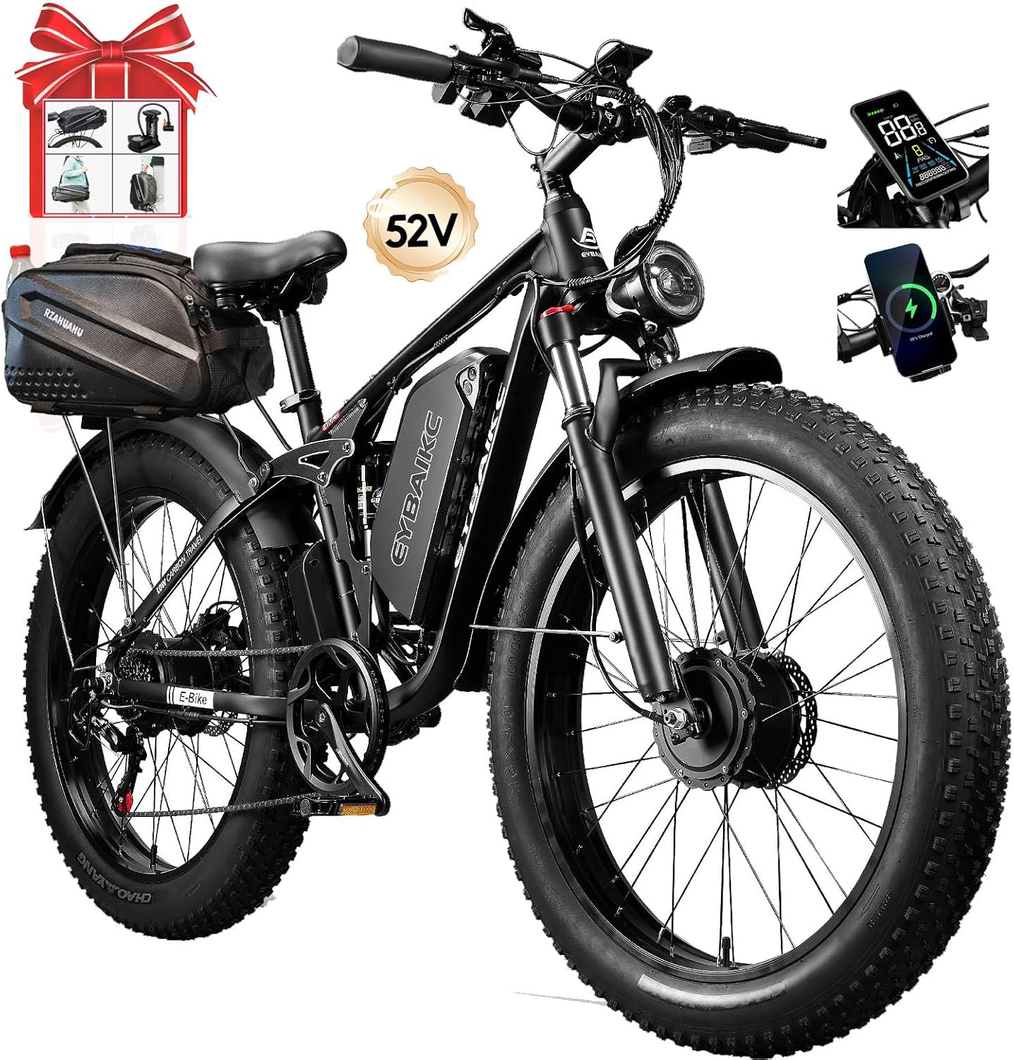 Electric Bike for Adults,Peak 3000W Brushless Dual Motor Ebike,52V23AH Electric Bicycle 26X4Fat Tire,Max Speed 37Mph E-Bike,Dual Hydraulic Disc Brake Electric Mountain Bike for Men Women