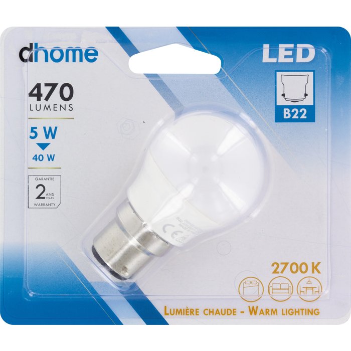 AMPOULE LED SPHERIQUE B22 2700K 470LM BAÏONNETTE