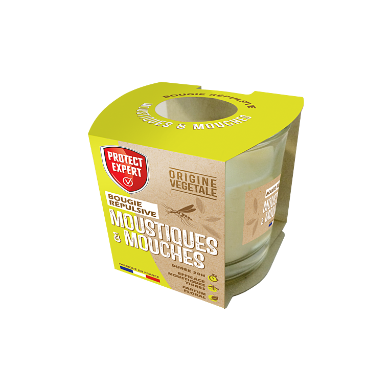 Bougie 90g répulsive mouches-moustiques géraniol 2.9% 20H de combustion