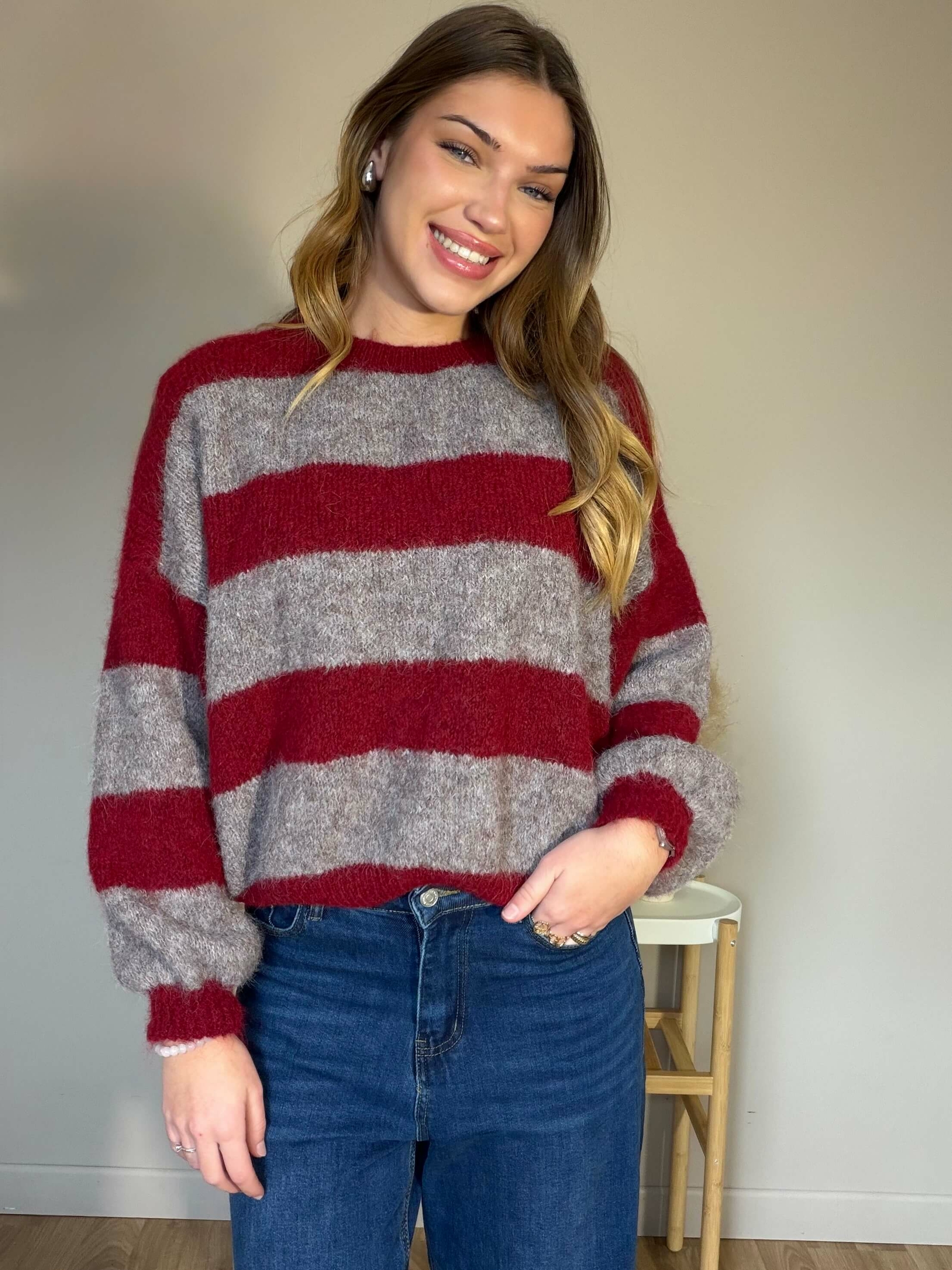 Pull Aby taupe et bordeaux
