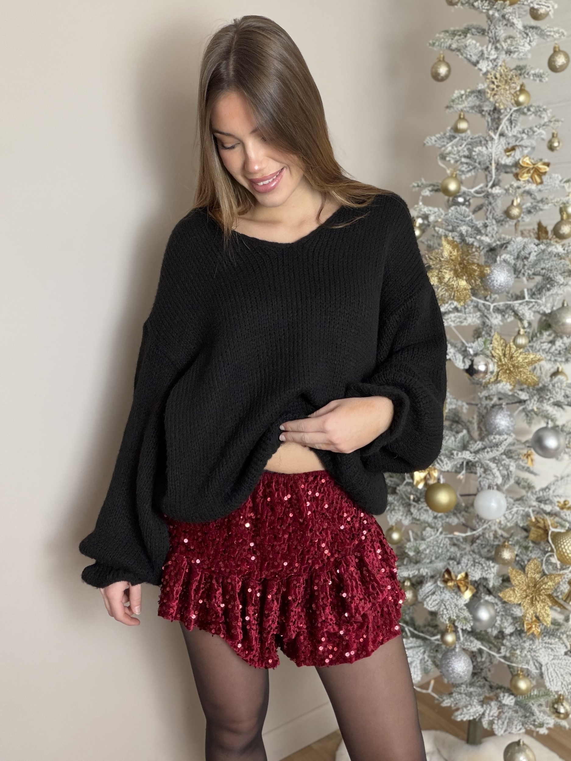 Jupe-short velours sequins bordeaux