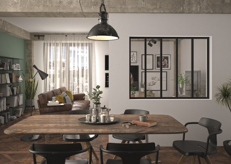 verriere interieure noire style industriel separation salon salle manger