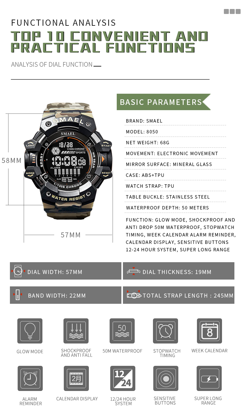 avantages montre SMAEL 8050MC camo anglais