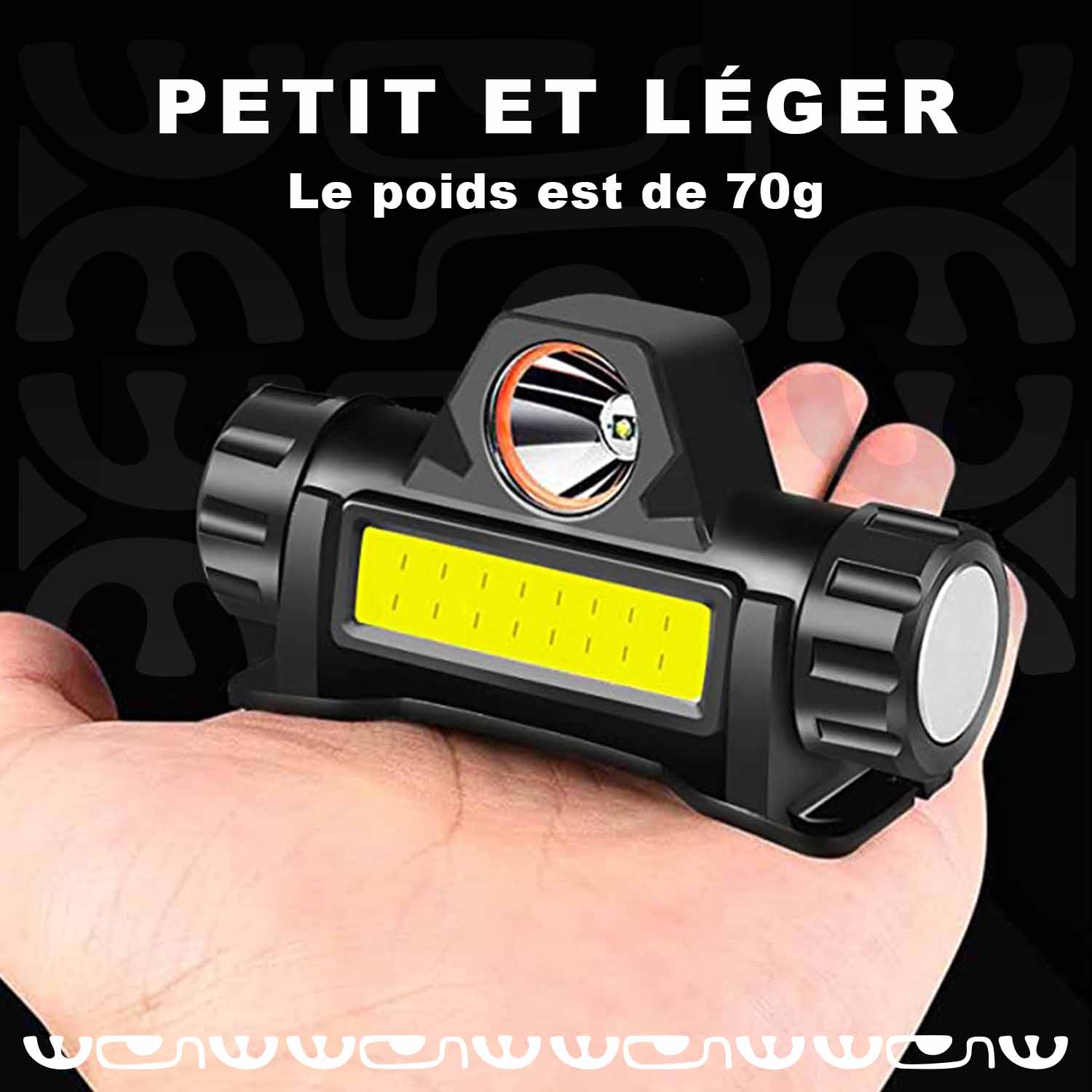 poids lampe frontale led rechargeable dans une main