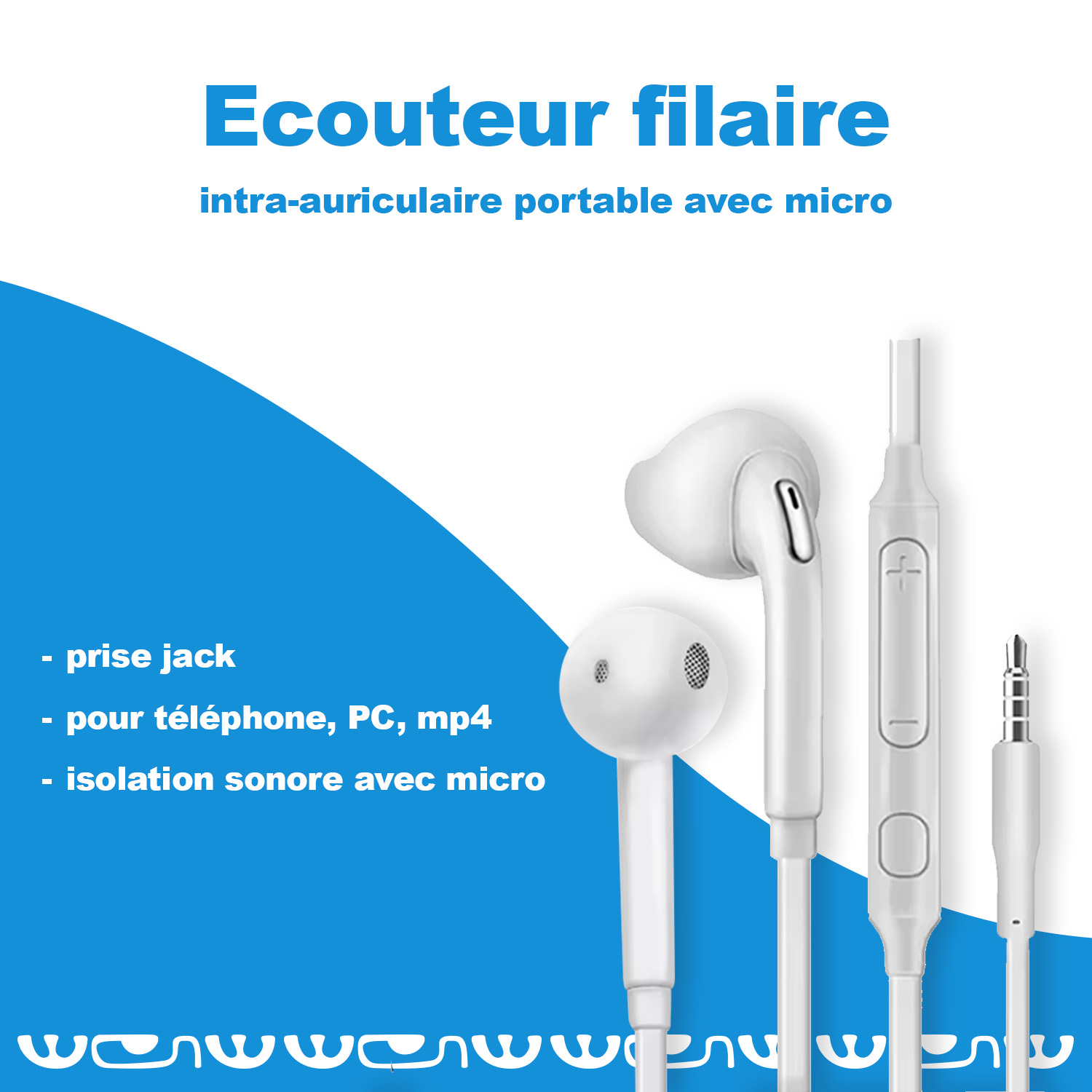 écouteurs filaires bouts pincés blancs
