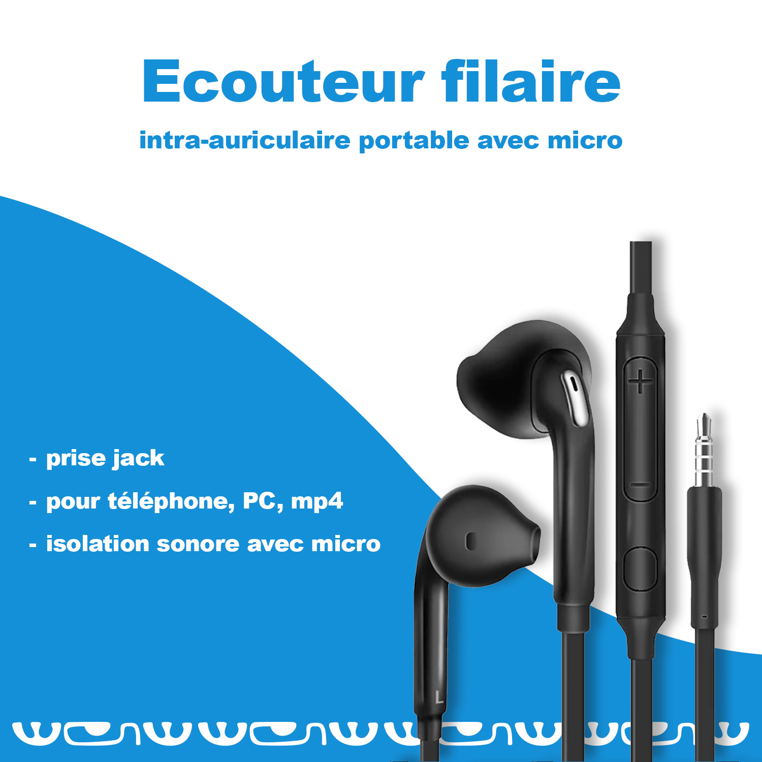 écouteurs filaires bouts pincés noirs